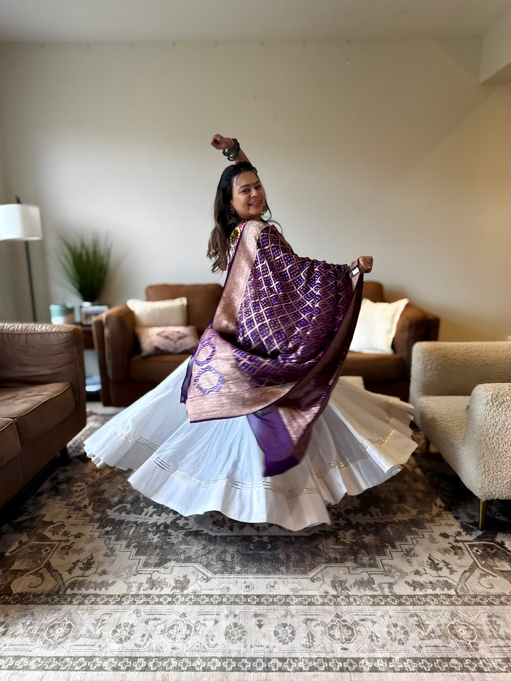White & Pink Chaniya Choli 18M Gher with Authentic Purple Bandhani Dupatta