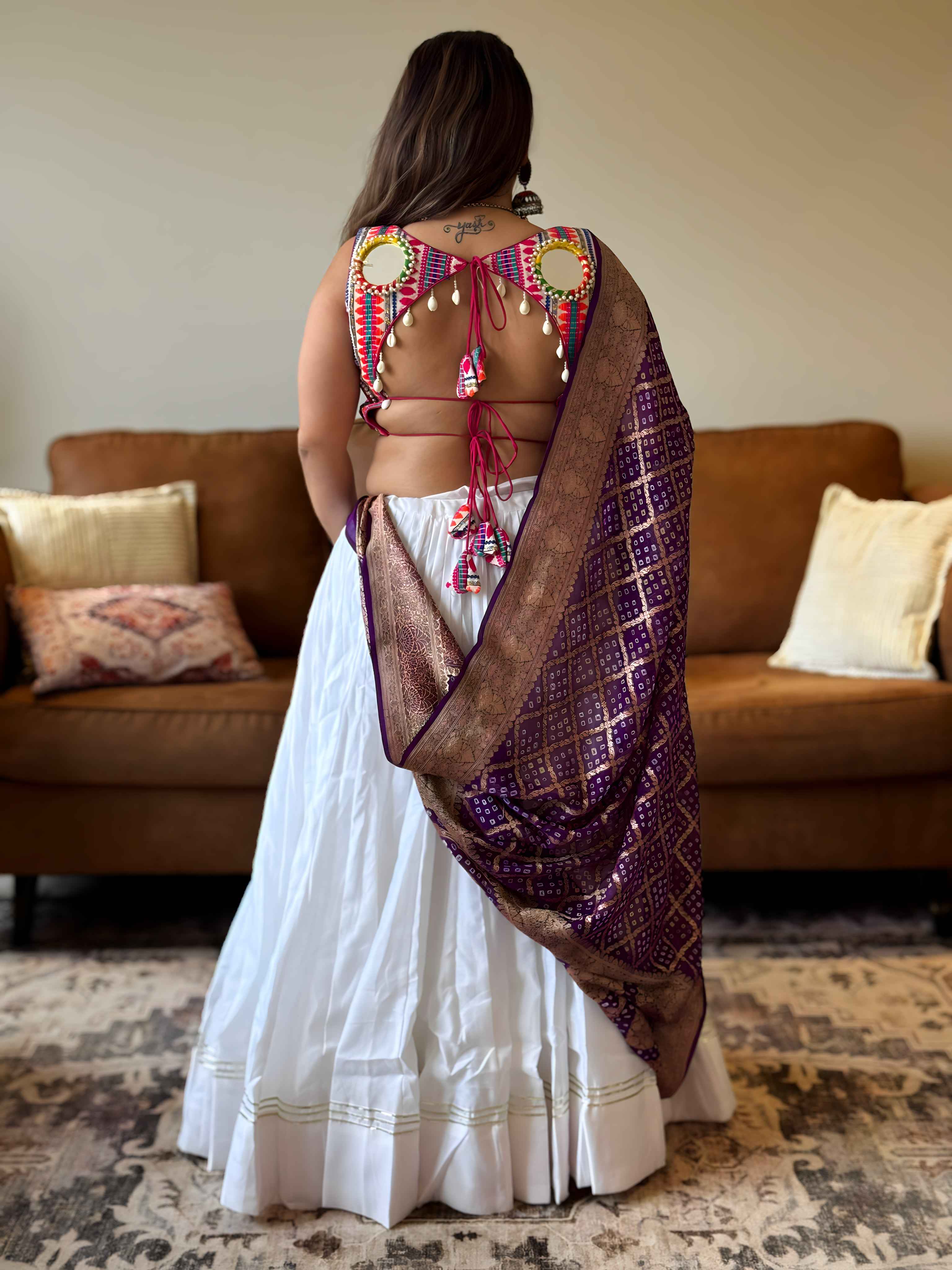 White & Pink Chaniya Choli 18M Gher with Authentic Purple Bandhani Dupatta