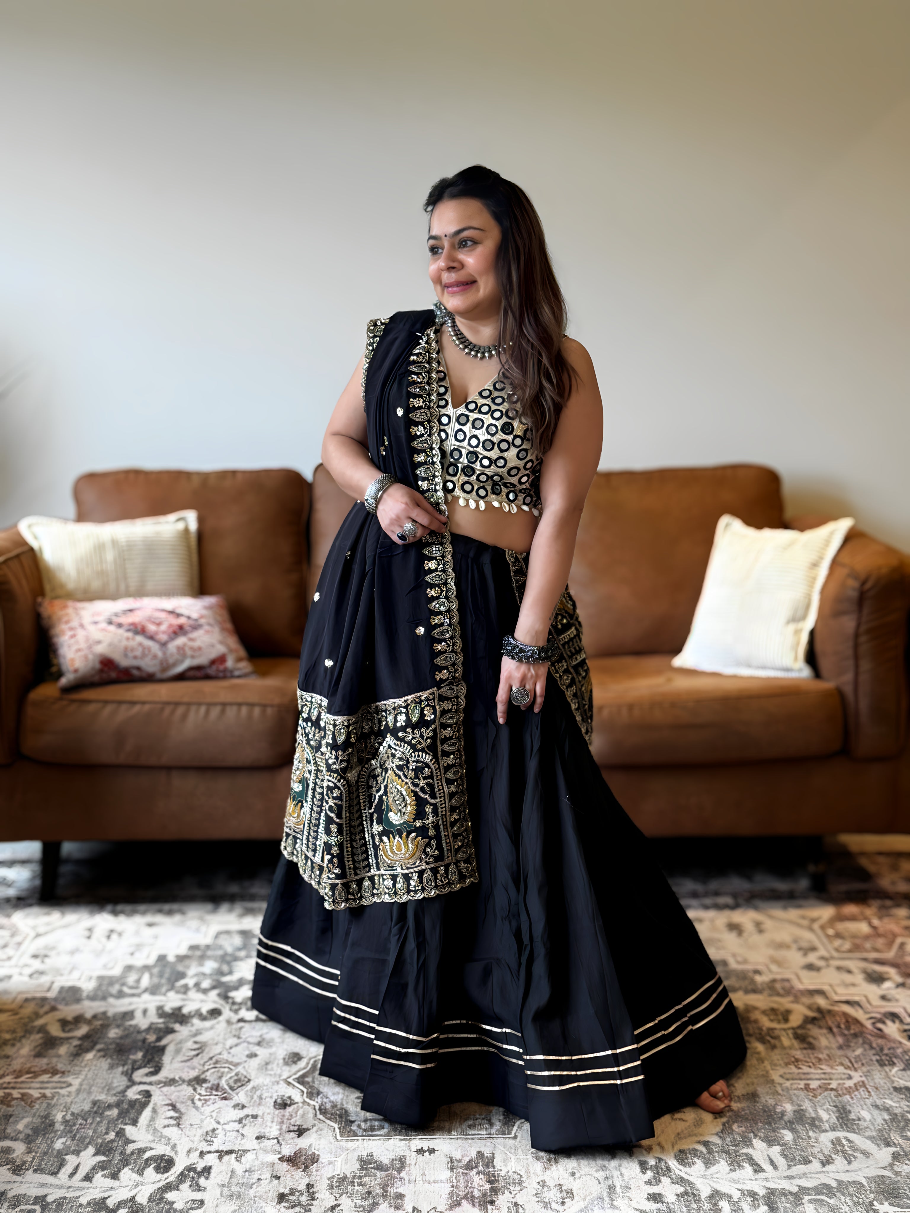 Black Mirror Chaniya Choli with Vintage Dupatta for Women | 18 Meter Gher