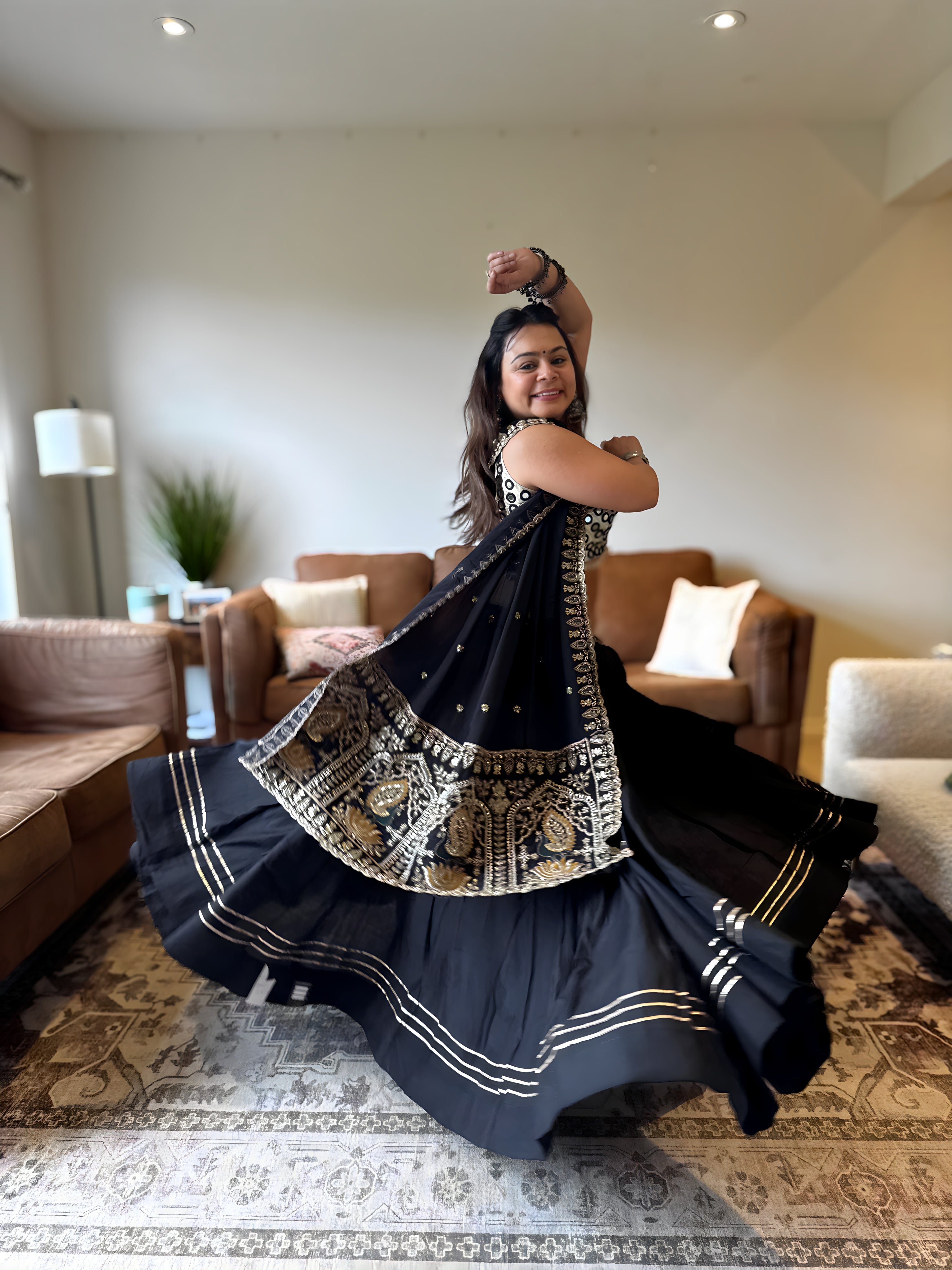 Black Mirror Chaniya Choli with Vintage Dupatta for Women | 18 Meter Gher