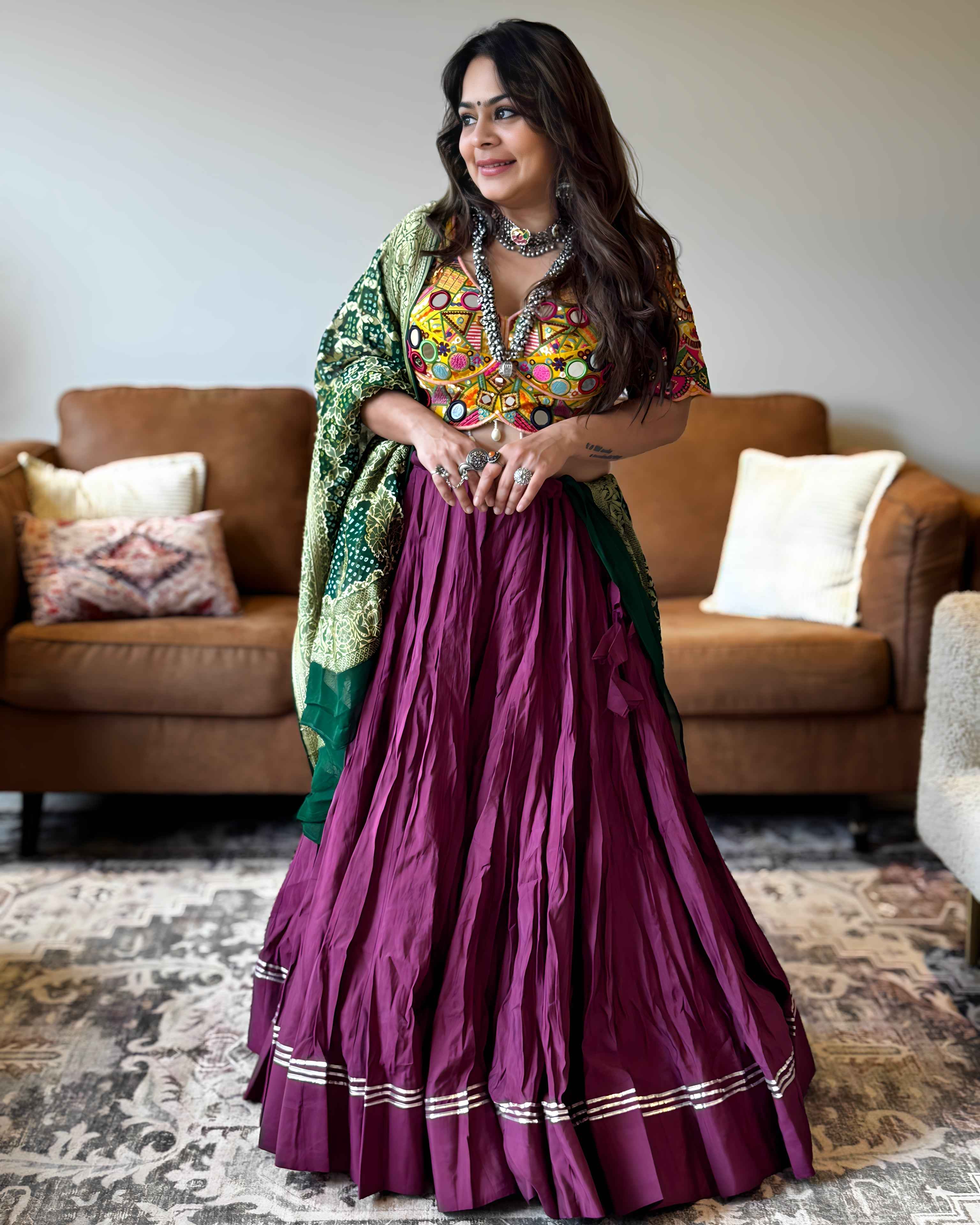 Purple Multicolor Chaniya Choli with Authentic Green Bandhani Dupatta – 18 Metre Gher
