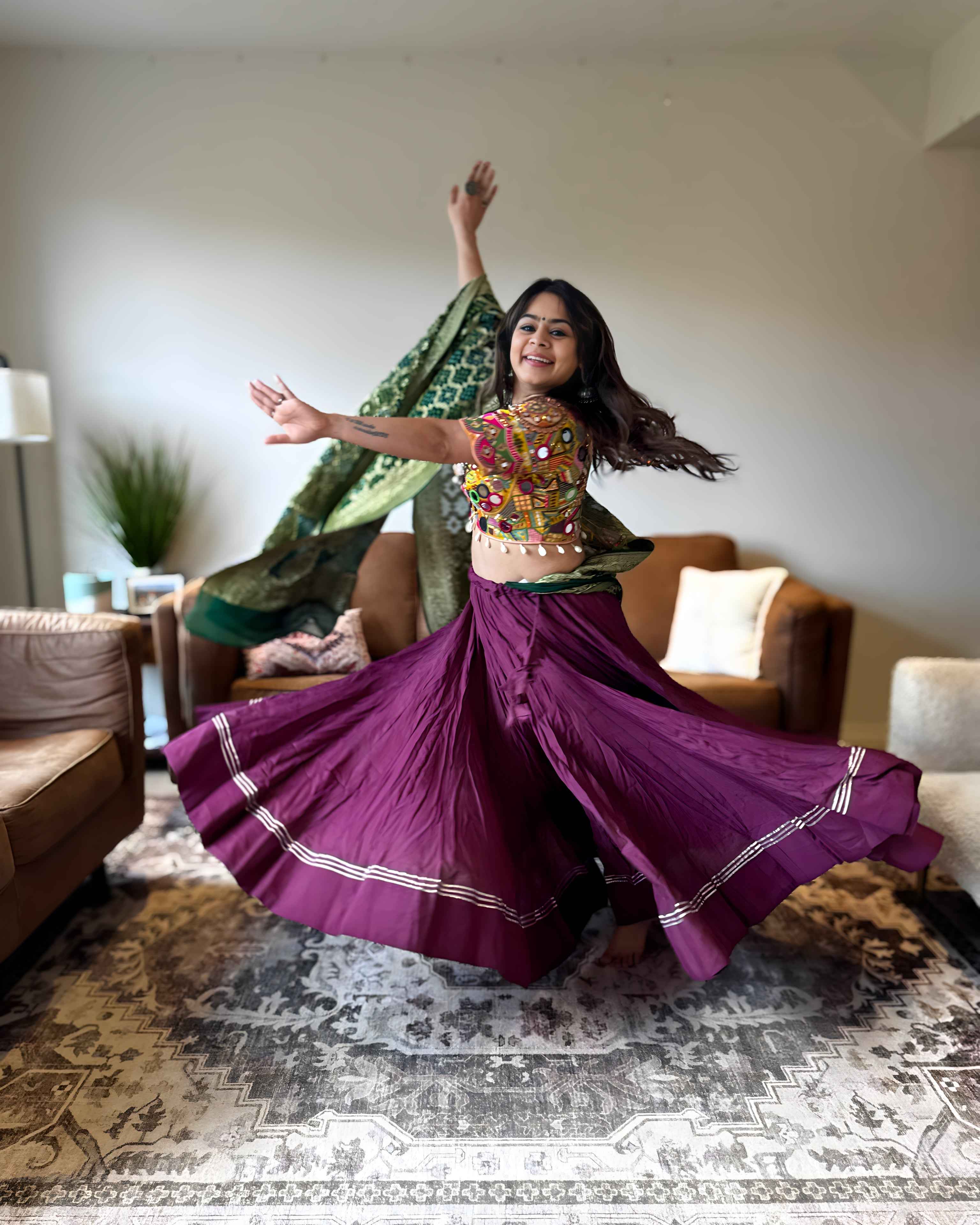 Purple Multicolor Chaniya Choli with Authentic Green Bandhani Dupatta – 18 Metre Gher