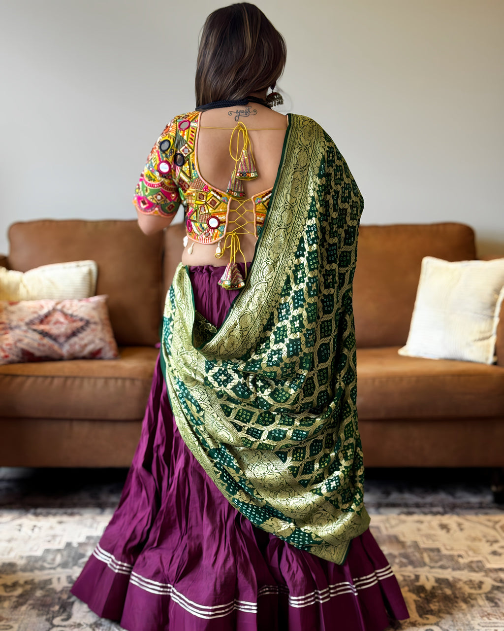 Purple Multicolor Chaniya Choli with Authentic Green Bandhani Dupatta – 18 Metre Gher