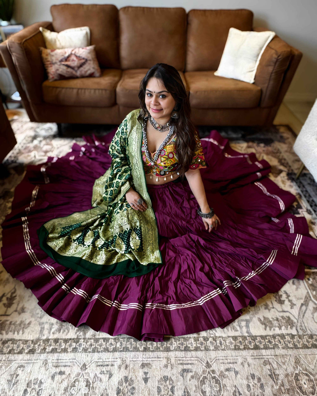 Purple Multicolor Chaniya Choli with Authentic Green Bandhani Dupatta – 18 Metre Gher