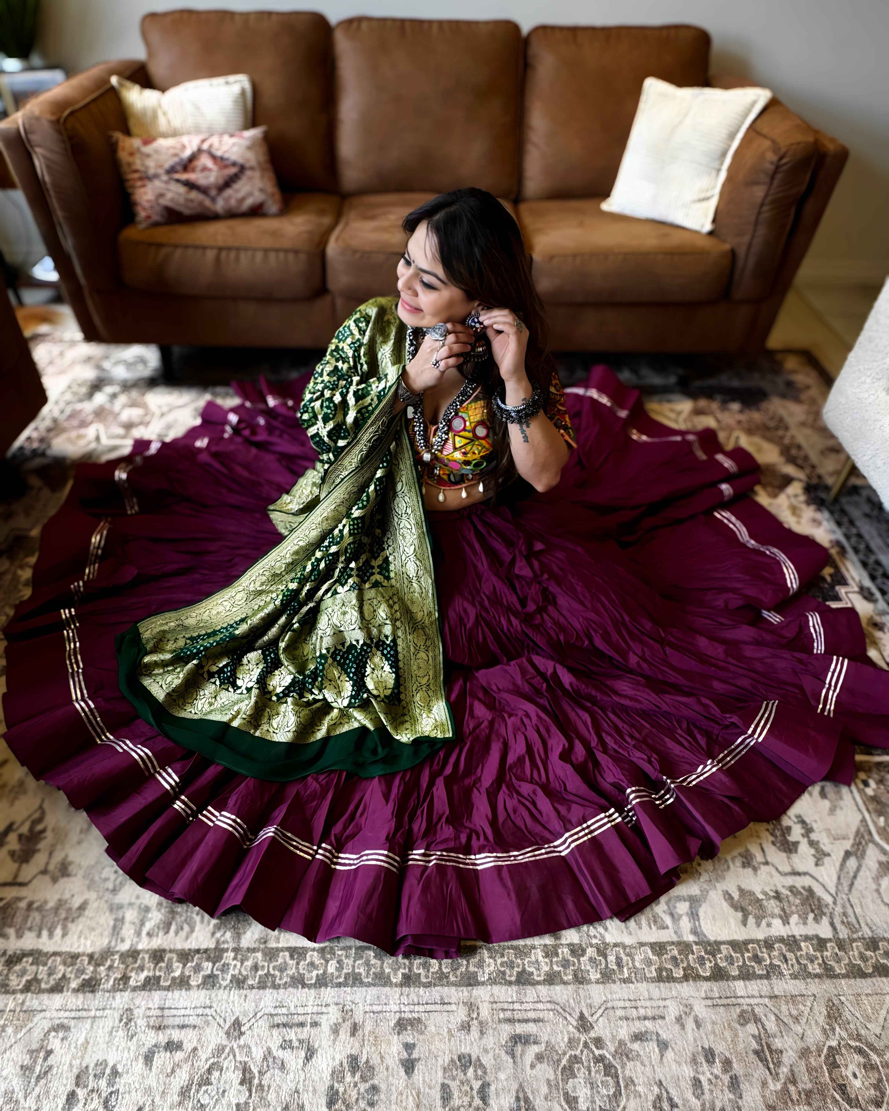 Purple Multicolor Chaniya Choli with Authentic Green Bandhani Dupatta – 18 Metre Gher