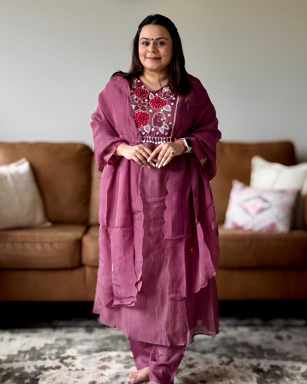 Dhwani wearing premium purple mul chanderi suit with floral embroidery and scallop dupatta – Go Desi Canada