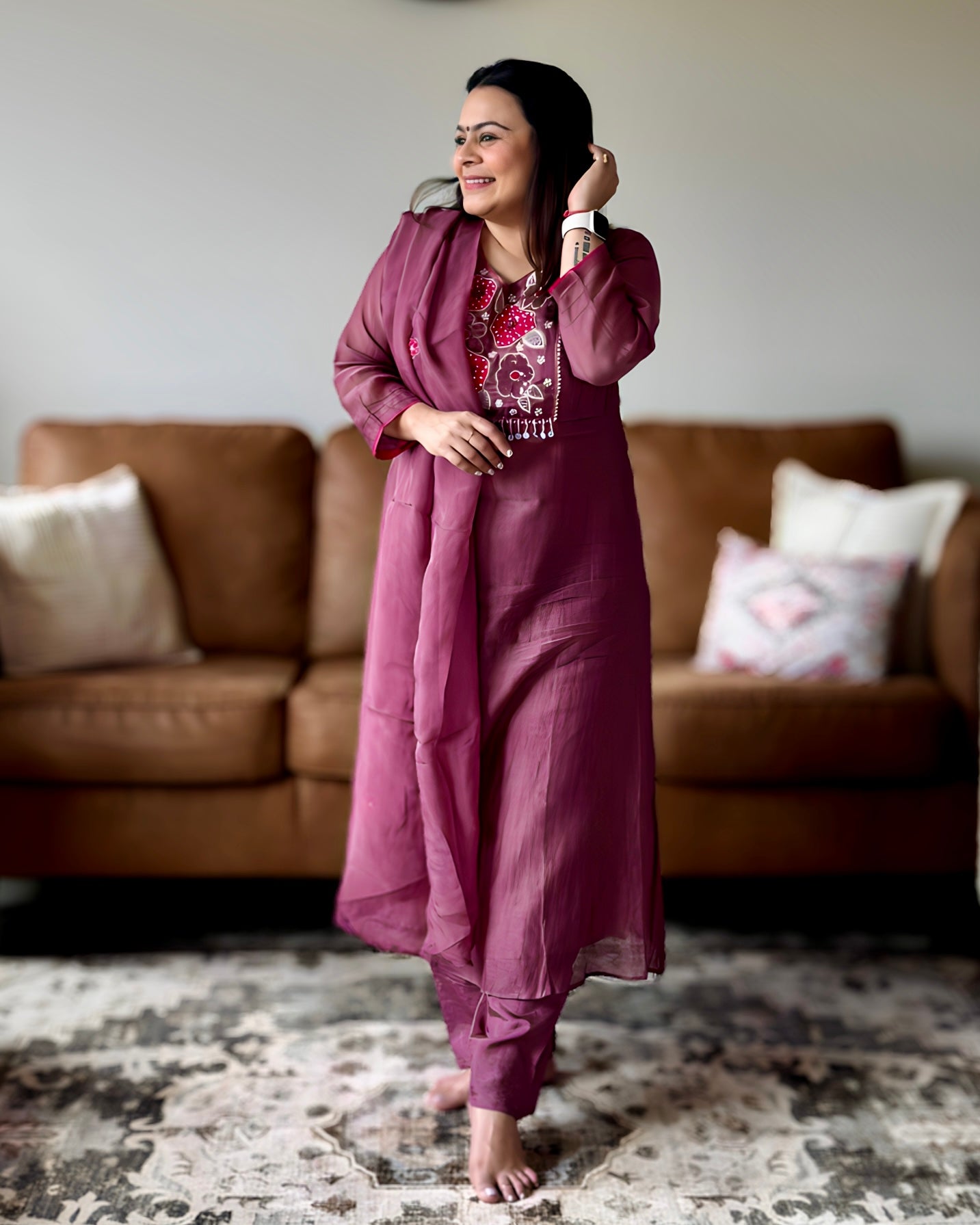 Dhwani wearing premium purple mul chanderi suit with floral embroidery and scallop dupatta – Go Desi Canada