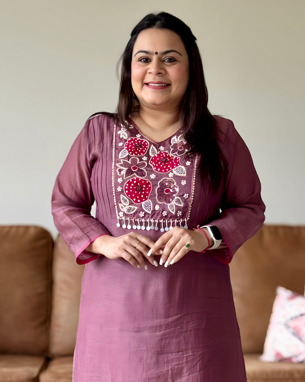 Dhwani wearing premium purple mul chanderi suit with floral embroidery and scallop dupatta – Go Desi Canada