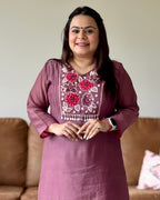 Dhwani wearing premium purple mul chanderi suit with floral embroidery and scallop dupatta – Go Desi Canada