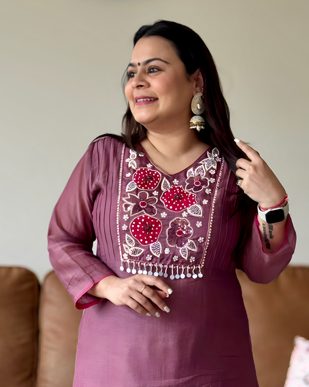 Dhwani wearing premium purple mul chanderi suit with floral embroidery and scallop dupatta – Go Desi Canada