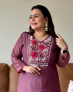 Dhwani wearing premium purple mul chanderi suit with floral embroidery and scallop dupatta – Go Desi Canada