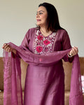 Dhwani wearing premium purple mul chanderi suit with floral embroidery and scallop dupatta – Go Desi Canada