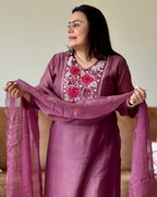 Dhwani wearing premium purple mul chanderi suit with floral embroidery and scallop dupatta – Go Desi Canada