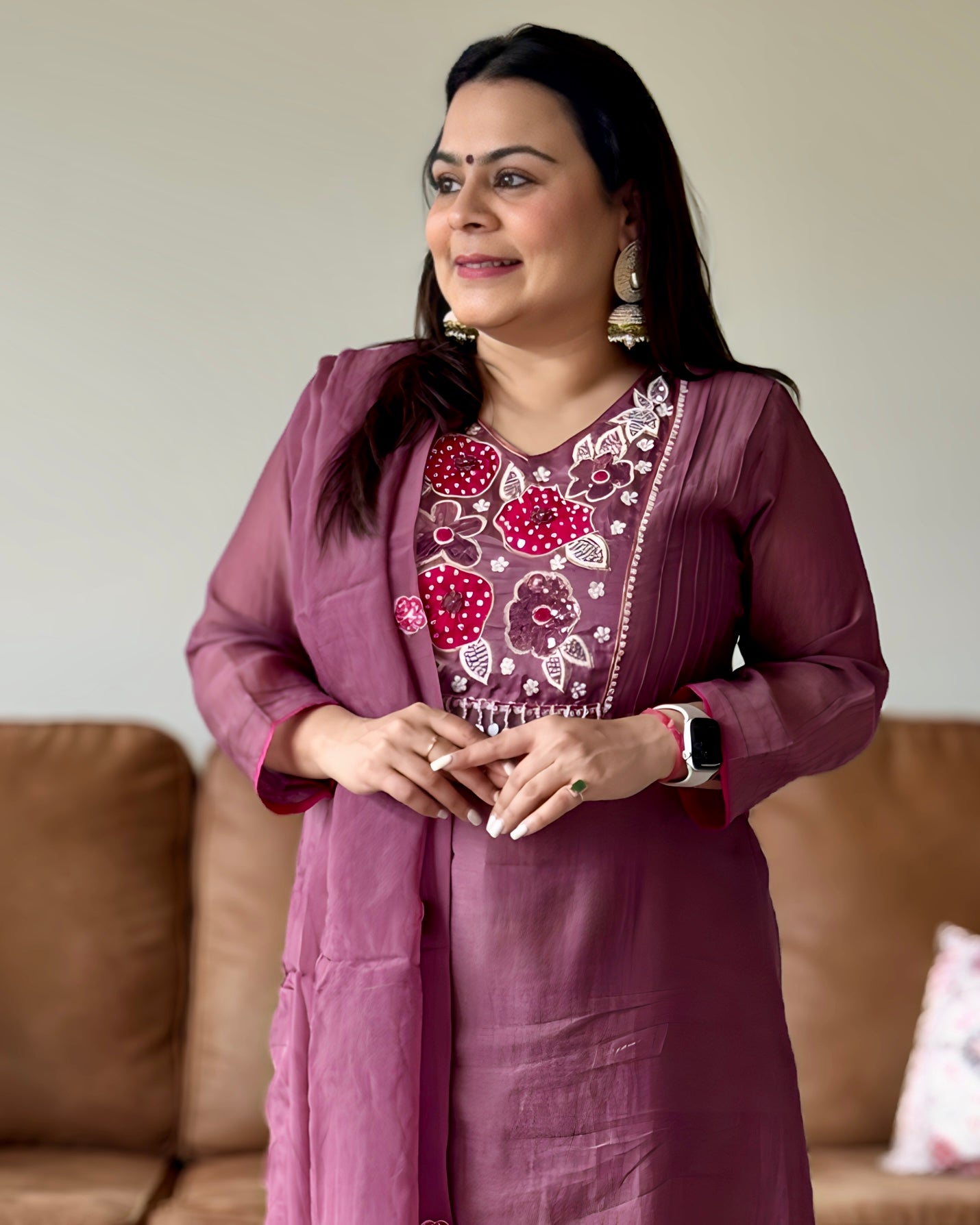 Dhwani wearing premium purple mul chanderi suit with floral embroidery and scallop dupatta – Go Desi Canada