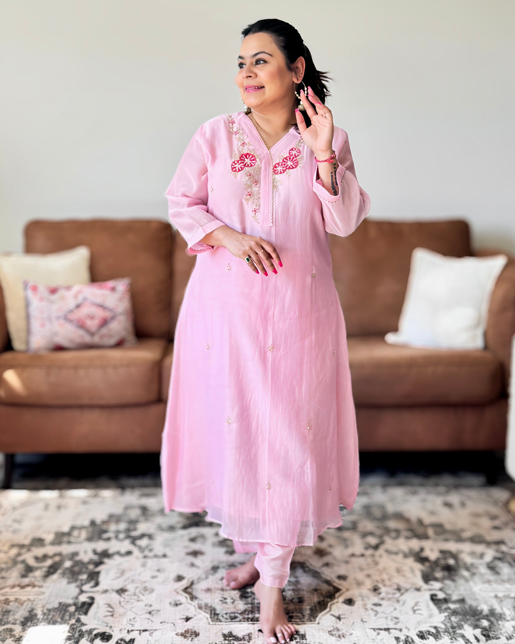 Dhwani wearing premium light pink mul chanderi embroidered suit with matching dupatta – Go Desi Canada