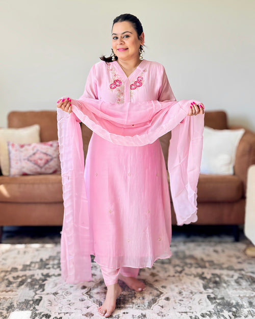 Dhwani wearing premium light pink mul chanderi embroidered suit with matching dupatta – Go Desi Canada