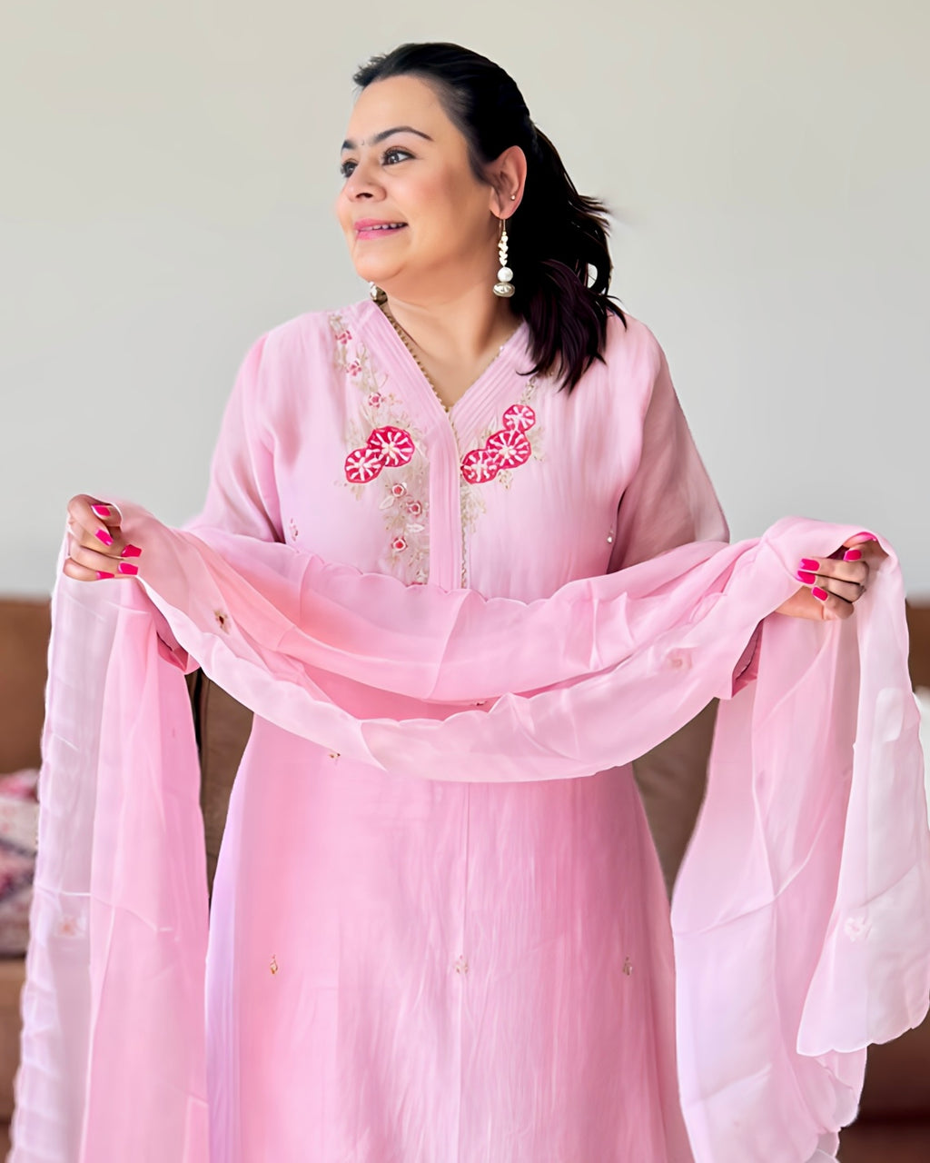 Dhwani wearing premium light pink mul chanderi embroidered suit with matching dupatta – Go Desi Canada