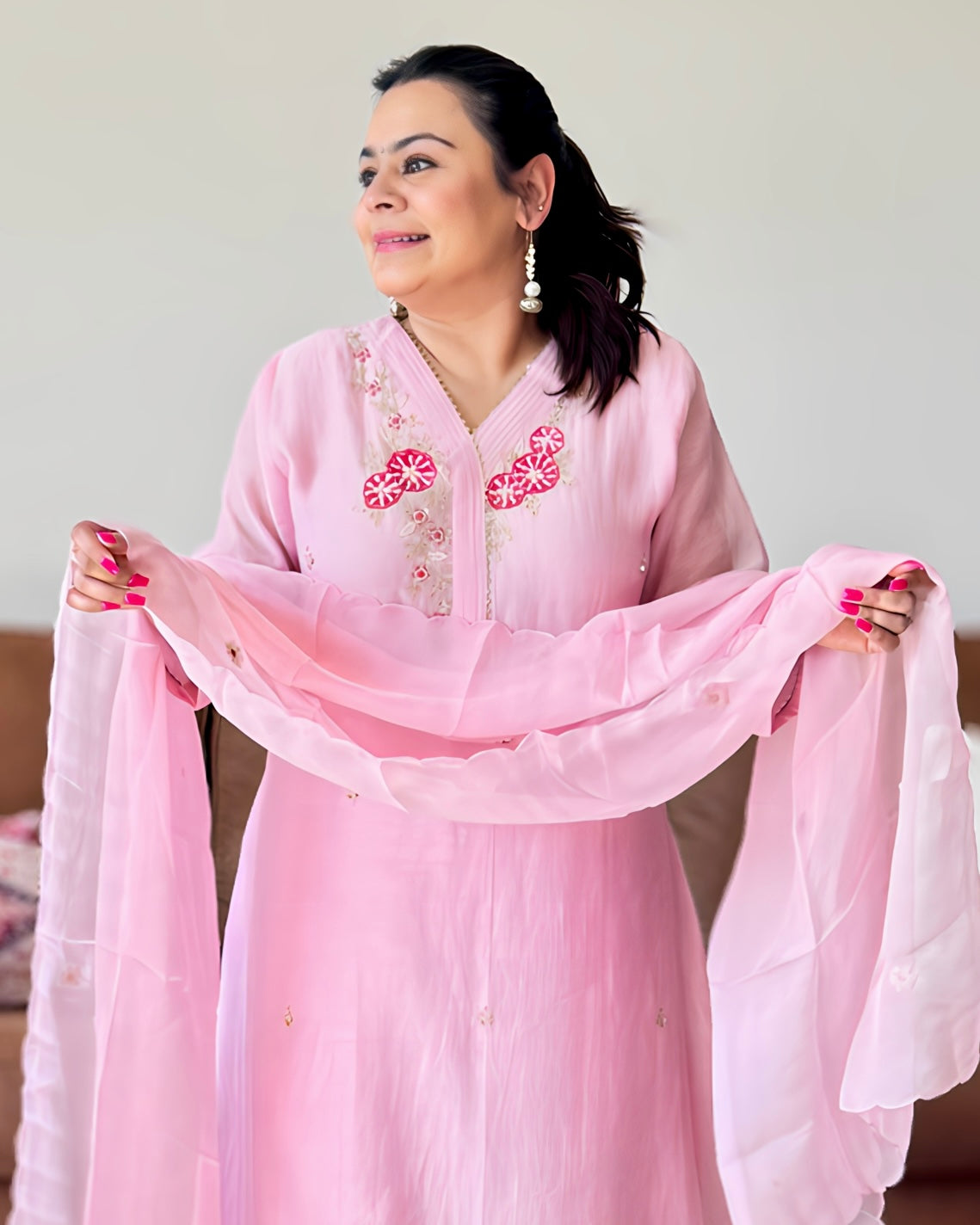Dhwani wearing premium light pink mul chanderi embroidered suit with matching dupatta – Go Desi Canada
