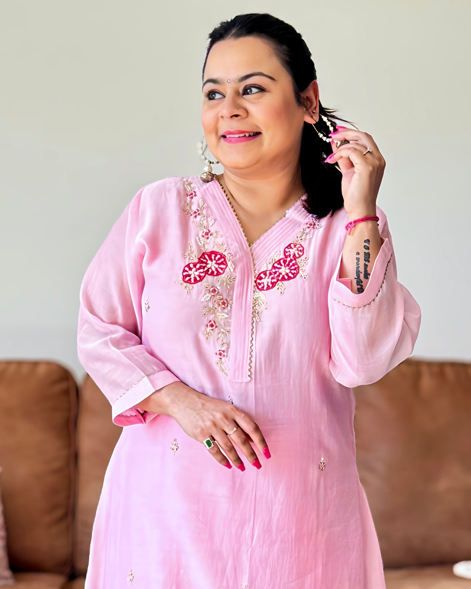 Dhwani wearing premium light pink mul chanderi embroidered suit with matching dupatta – Go Desi Canada