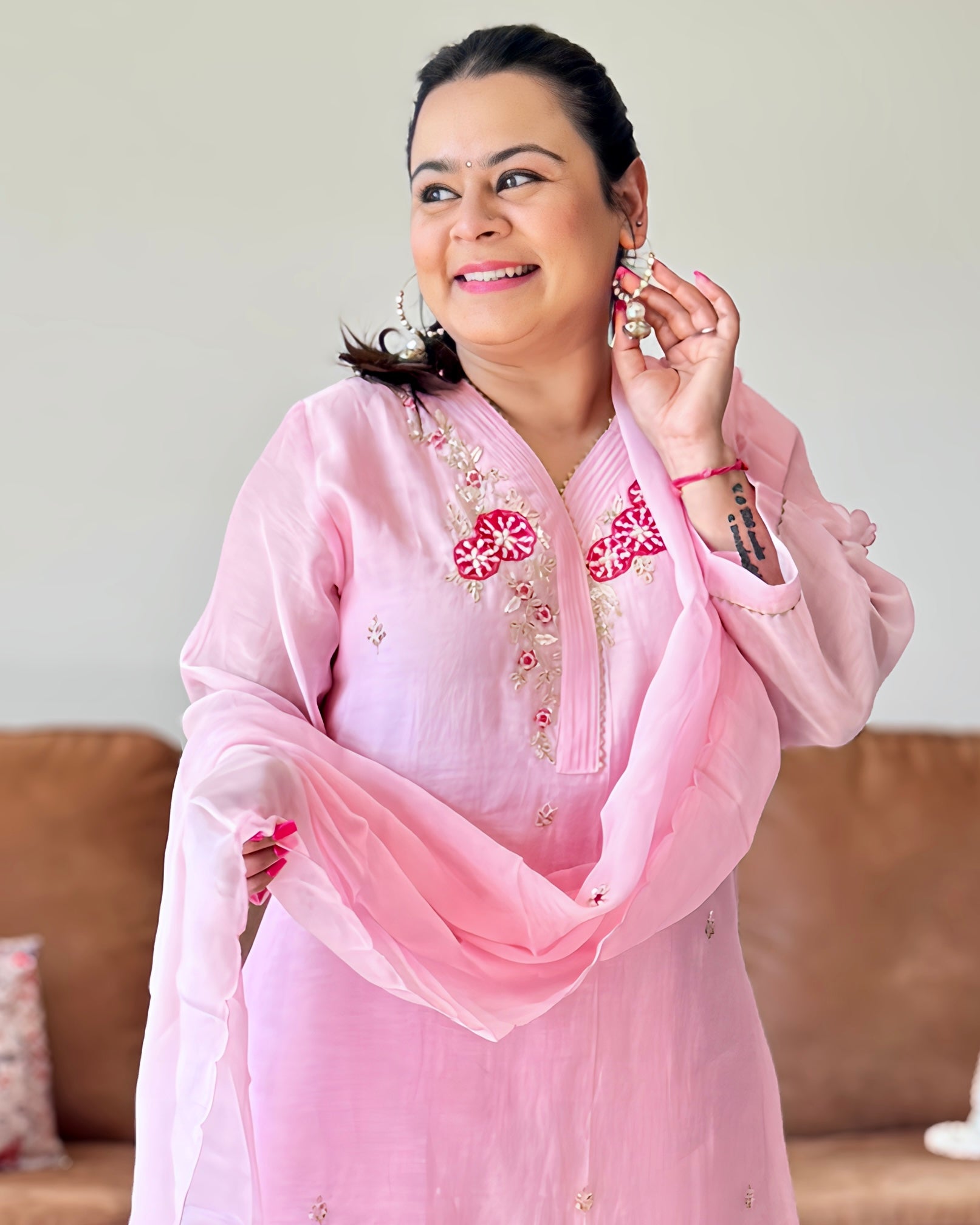 Dhwani wearing premium light pink mul chanderi embroidered suit with matching dupatta – Go Desi Canada