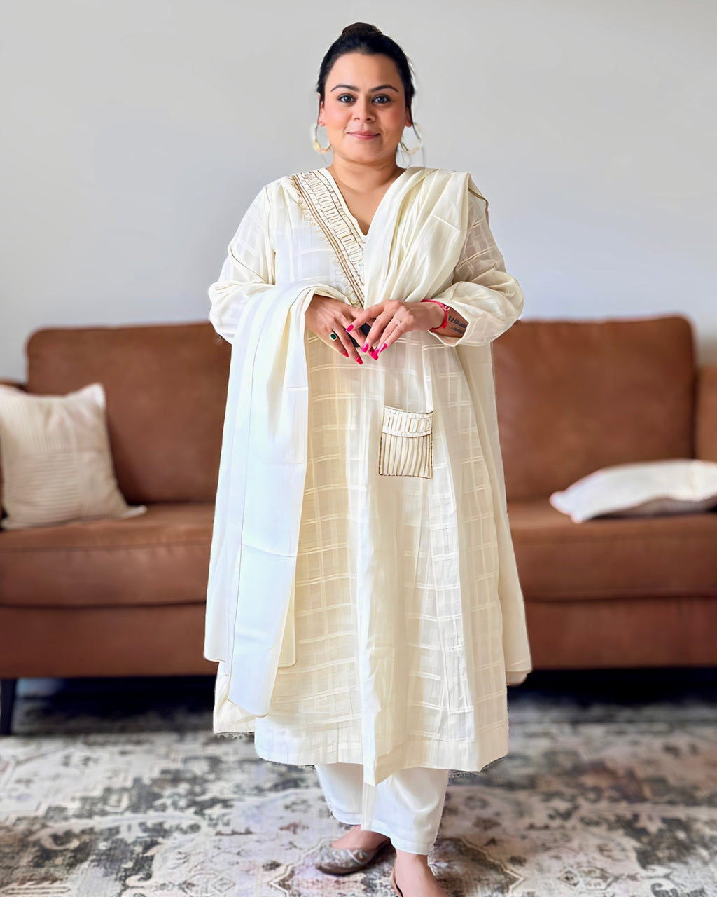 Dhwani wearing premium ivory mul chanderi checkered suit with mirror and zari embroidery – Go Desi Canada