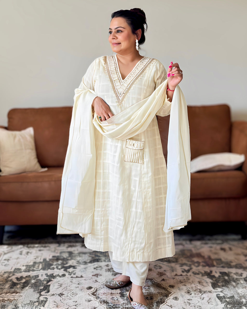 Dhwani wearing premium ivory mul chanderi checkered suit with mirror and zari embroidery – Go Desi Canada