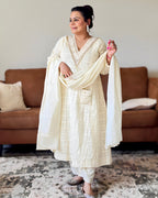 Dhwani wearing premium ivory mul chanderi checkered suit with mirror and zari embroidery – Go Desi Canada