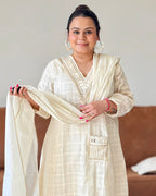 Dhwani wearing premium ivory mul chanderi checkered suit with mirror and zari embroidery – Go Desi Canada