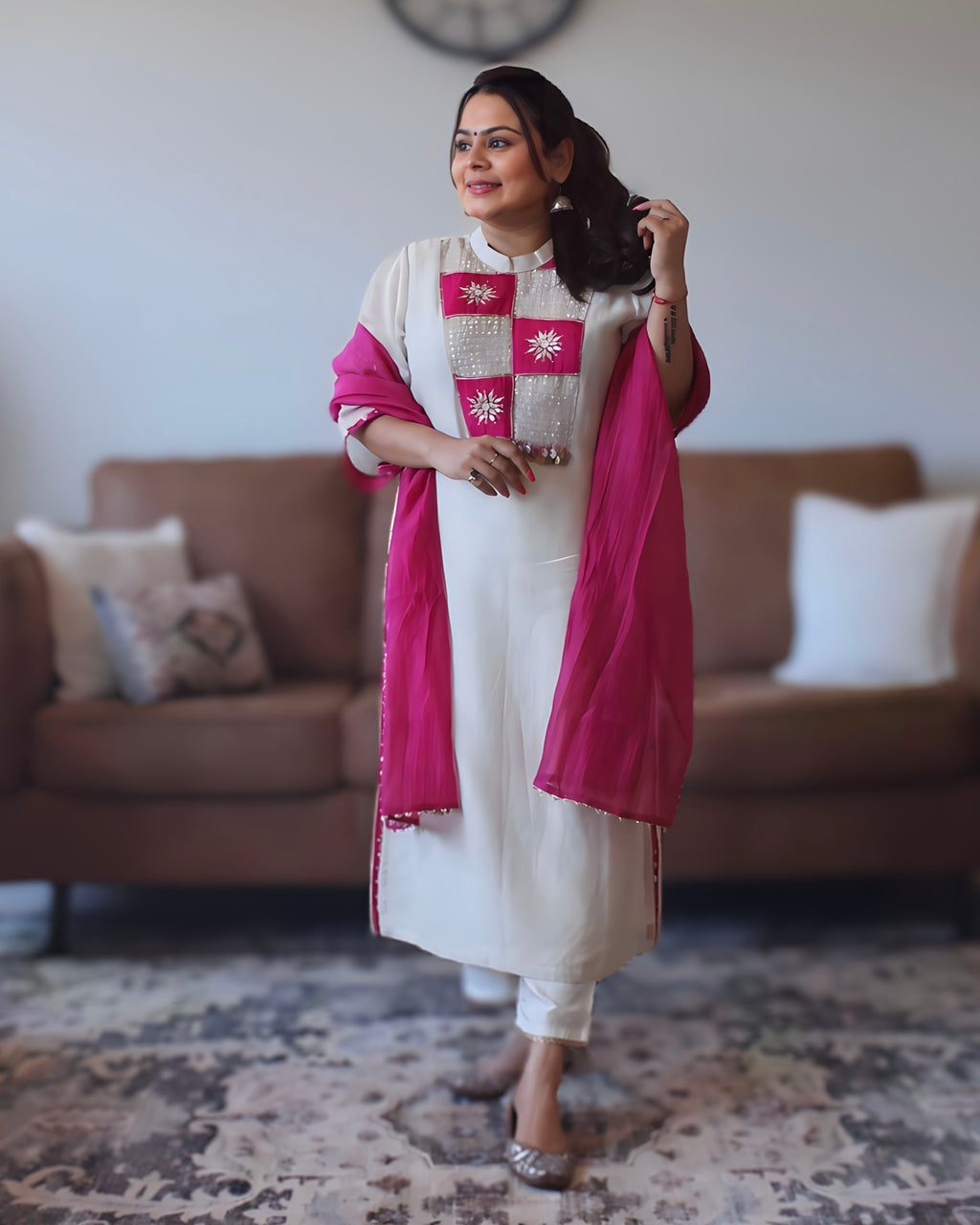 Dhwani wearing premium white mul chanderi suit with pink embroidered yoke and matching dupatta – Go Desi Canada
