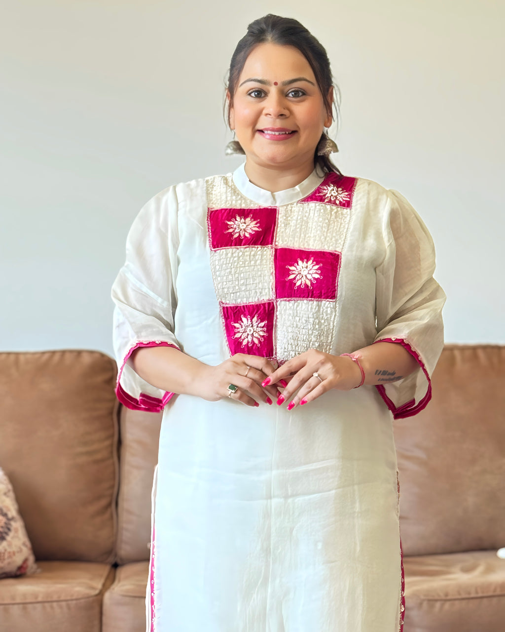 Dhwani wearing premium white mul chanderi suit with pink embroidered yoke and matching dupatta – Go Desi Canada