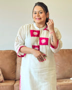 Dhwani wearing premium white mul chanderi suit with pink embroidered yoke and matching dupatta – Go Desi Canada