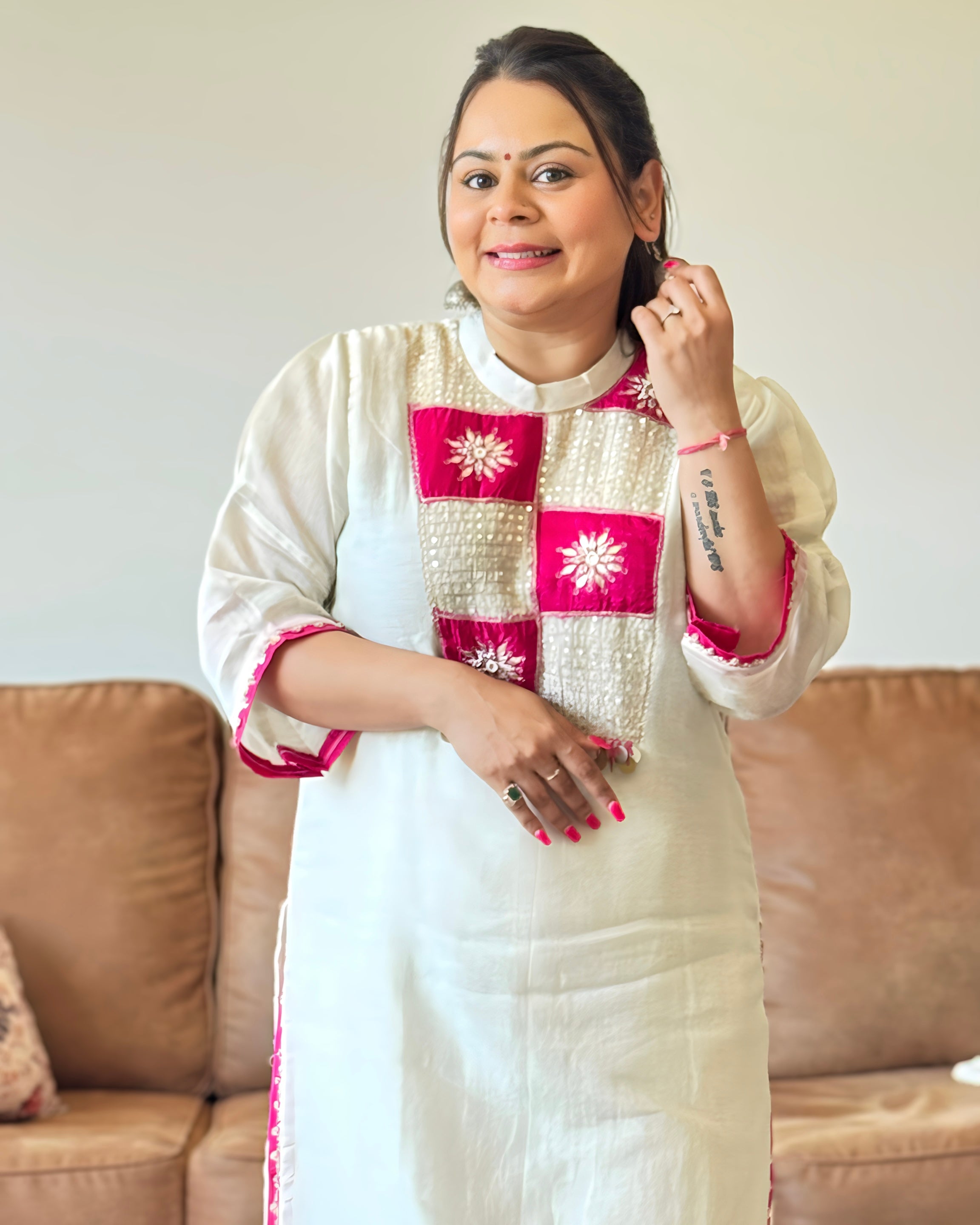Dhwani wearing premium white mul chanderi suit with pink embroidered yoke and matching dupatta – Go Desi Canada