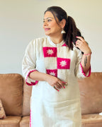 Dhwani wearing premium white mul chanderi suit with pink embroidered yoke and matching dupatta – Go Desi Canada