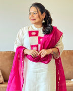 Dhwani wearing premium white mul chanderi suit with pink embroidered yoke and matching dupatta – Go Desi Canada