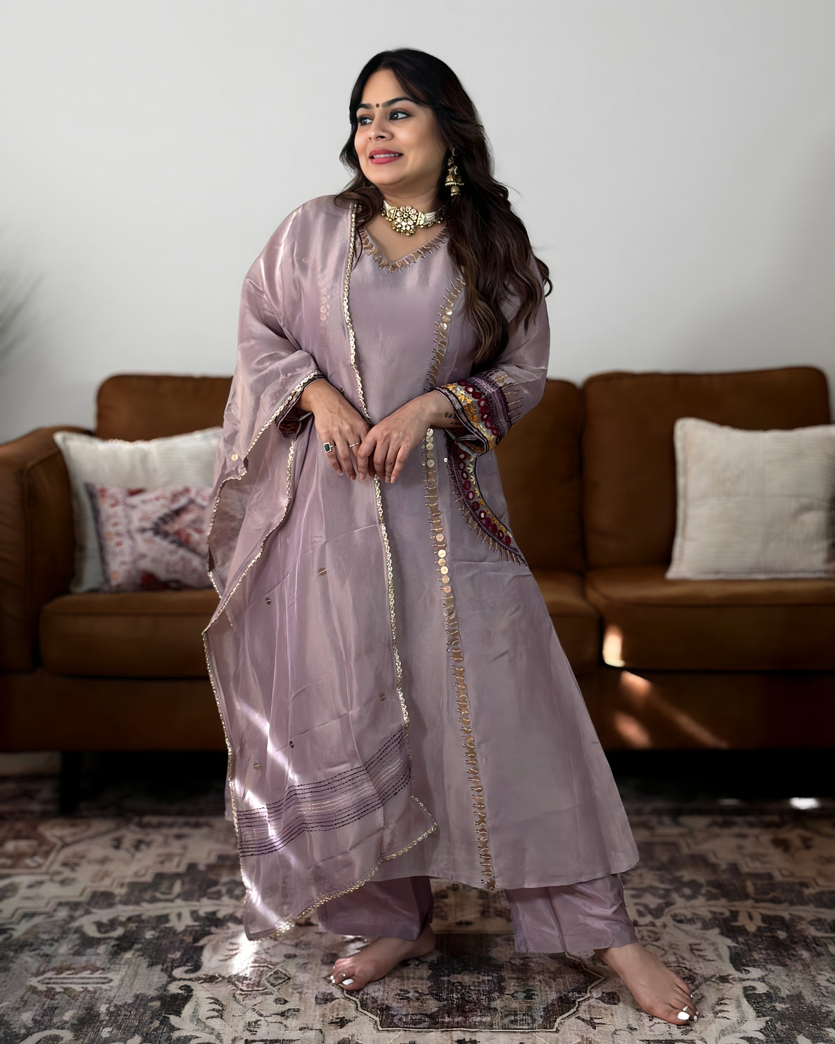 Lilac Glass Tissue Embroidered Suit Set with Pocket