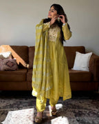 Lime Green Crush Tissue Embroidered Suit Set