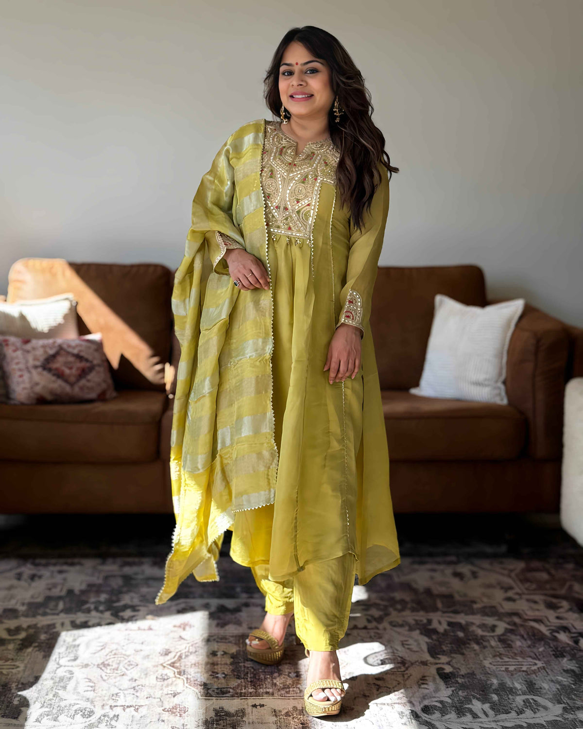 Lime Green Crush Tissue Embroidered Suit Set