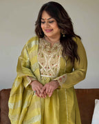 Lime Green Crush Tissue Embroidered Suit Set