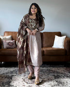 Chocolate Brown Kanchivaram Tissue Embroidered Suit Set