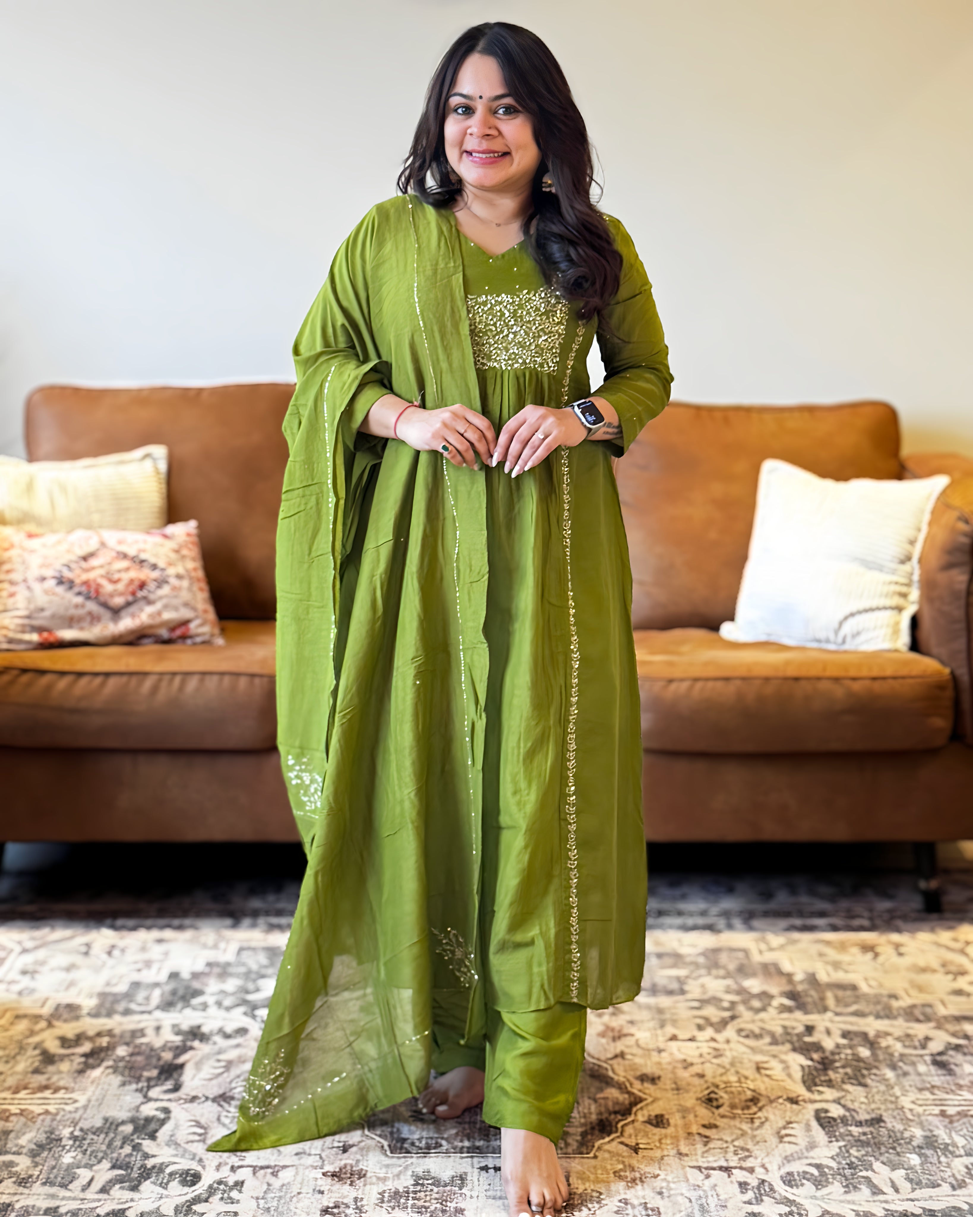 Olive Green Mul Chanderi Embellished Suit Set