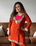 Orange Pink Mirror Chinon Kurta Set for Women