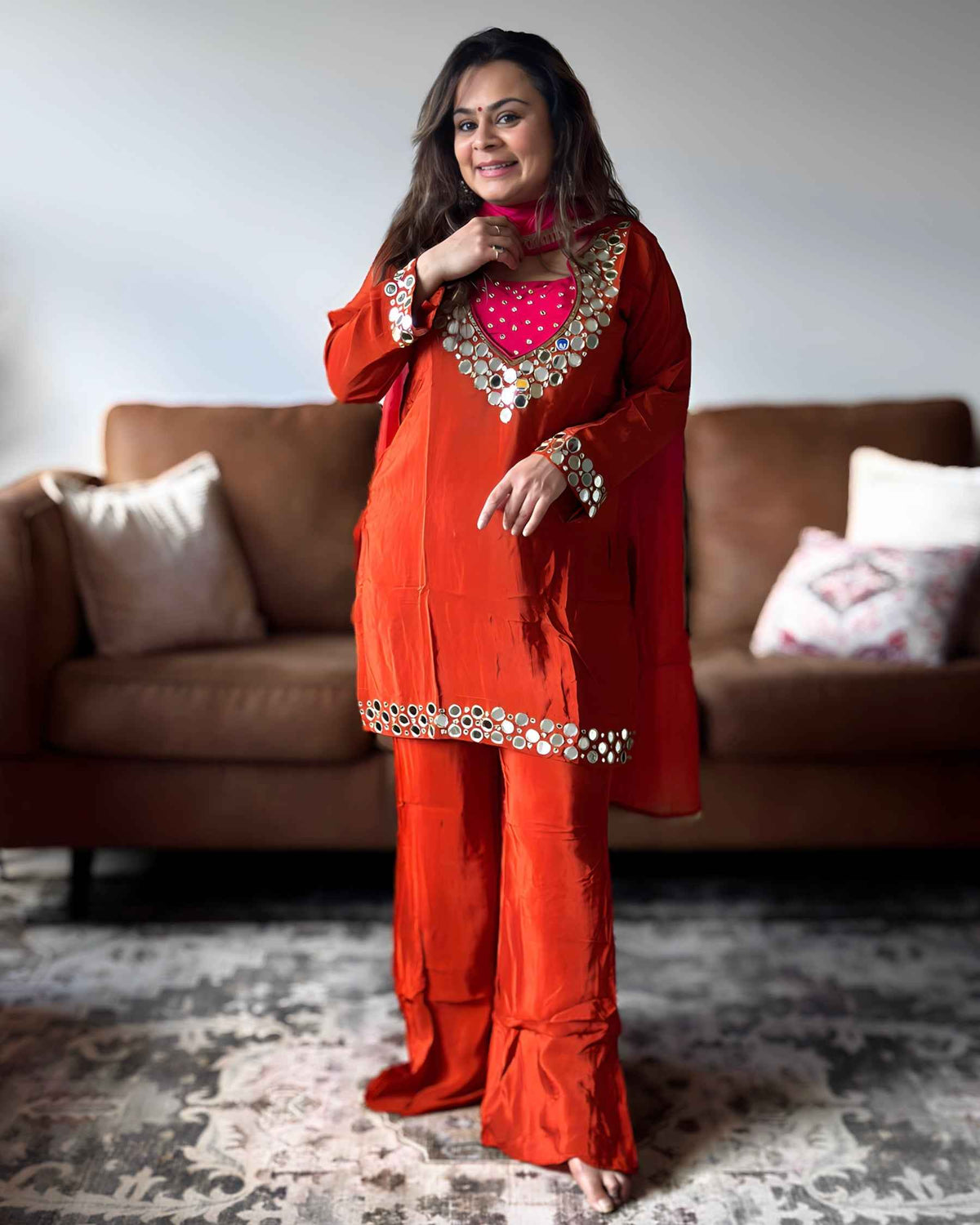 Orange Pink Mirror Chinon Kurta Set for Women