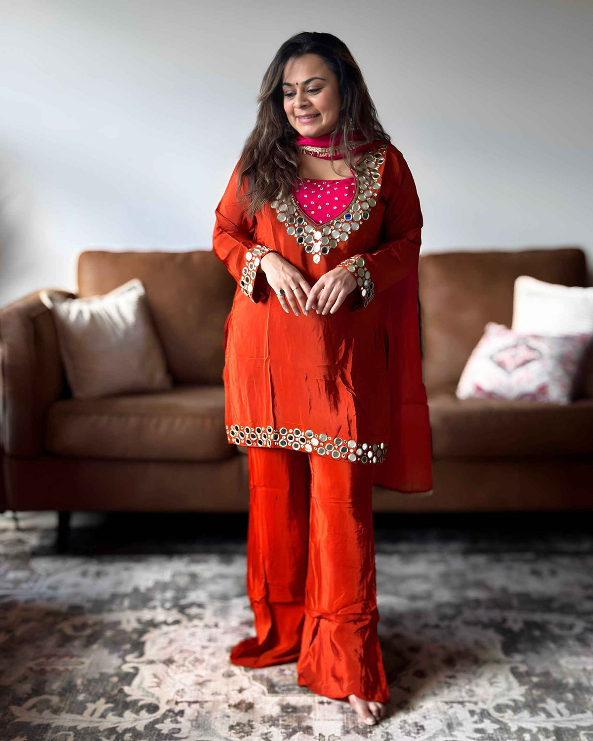 Orange Pink Mirror Chinon Kurta Set for Women