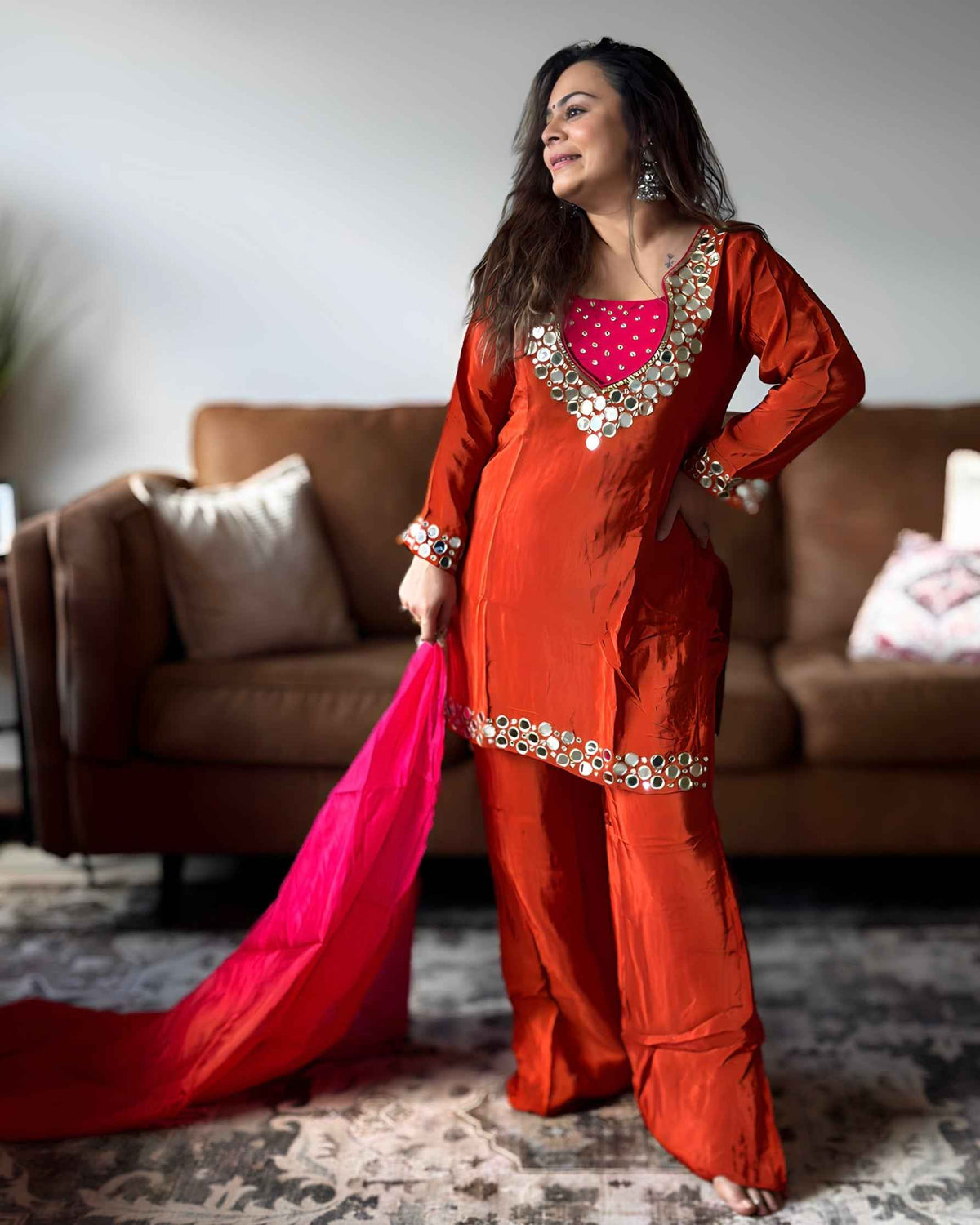Orange Pink Mirror Chinon Kurta Set for Women