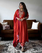 Orange & Rani Pink Dola Silk Embroidered Suit Set