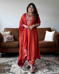 Orange & Rani Pink Dola Silk Embroidered Suit Set