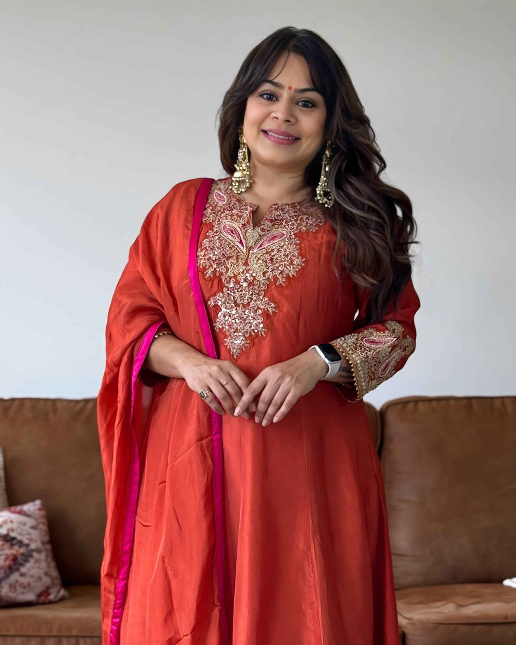 Orange & Rani Pink Dola Silk Embroidered Suit Set