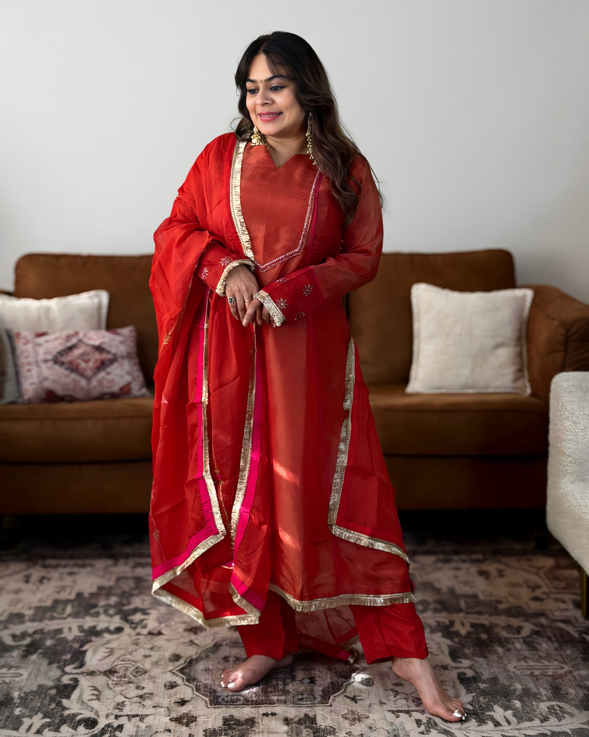 Orange Soft Tissue Embroidered Suit Set