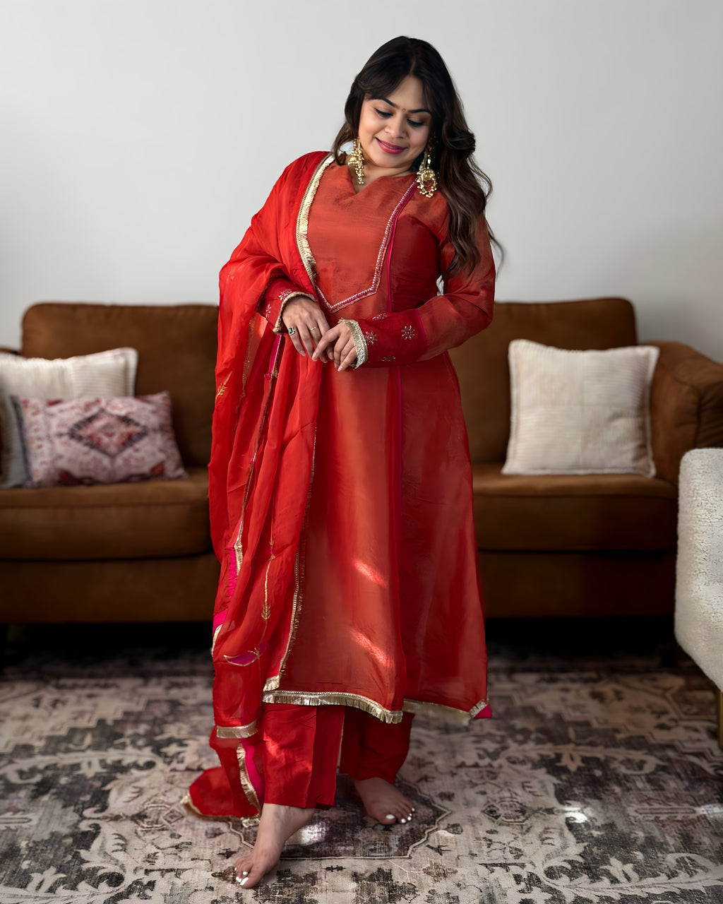 Orange Soft Tissue Embroidered Suit Set