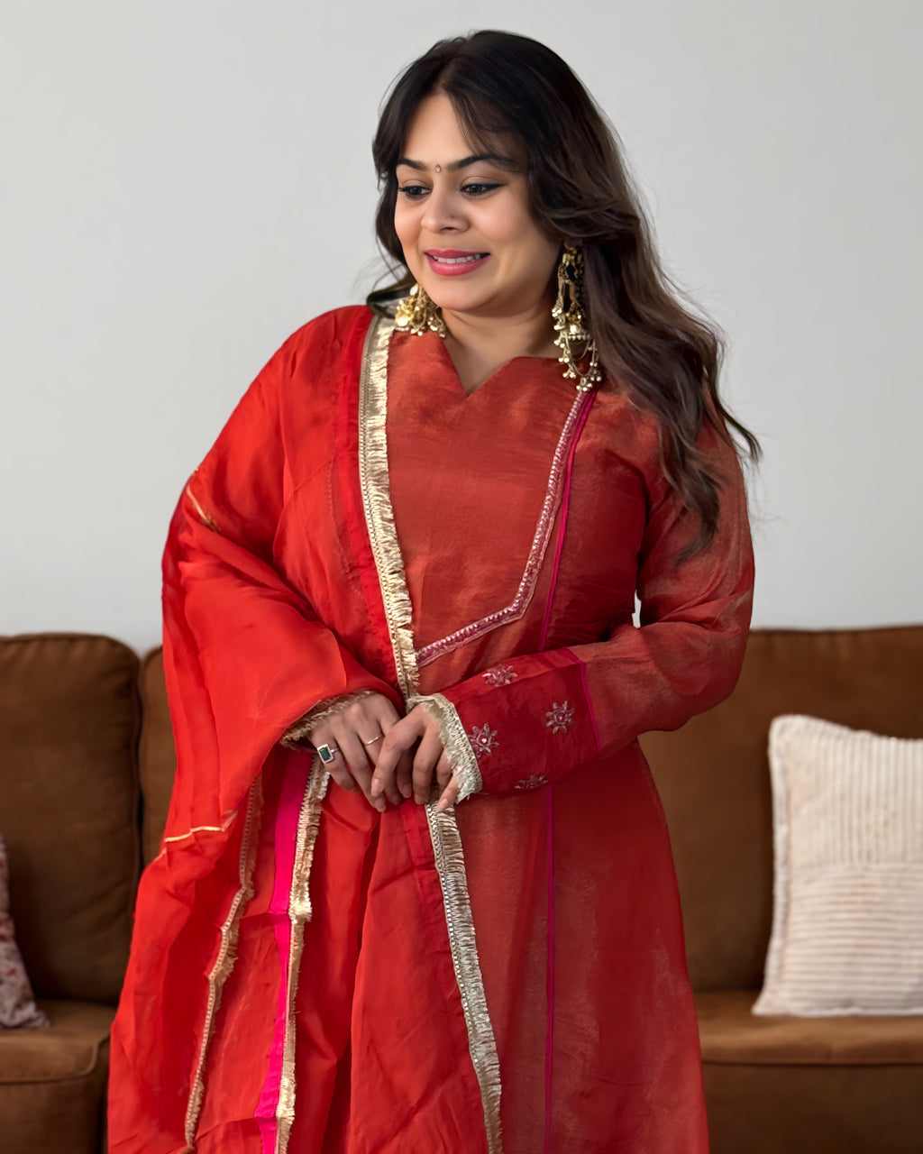 Orange Soft Tissue Embroidered Suit Set